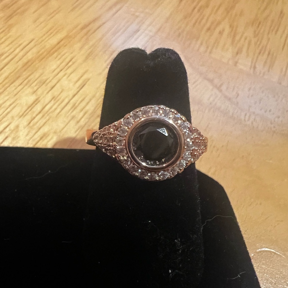 Brown/Black Gem, CZ Pavé and Rose Gold Ring (Size 6)